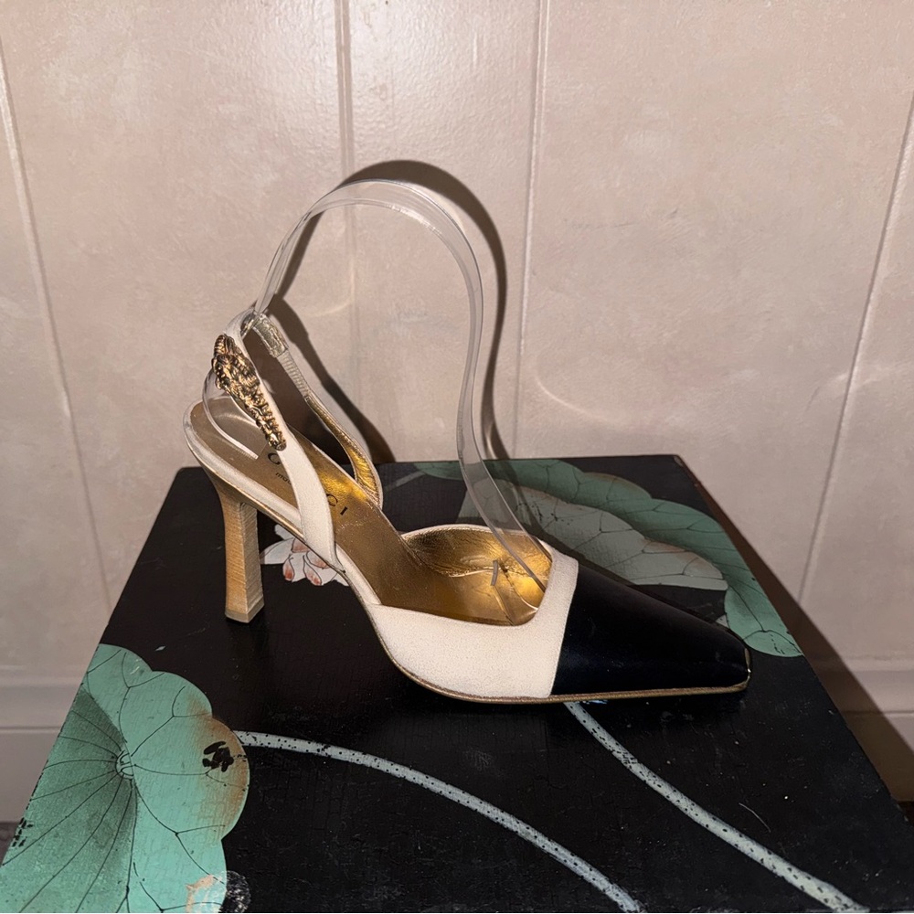 Gucci Gold Tiger head Slingback Black Cream Tom Ford 6 vintage
